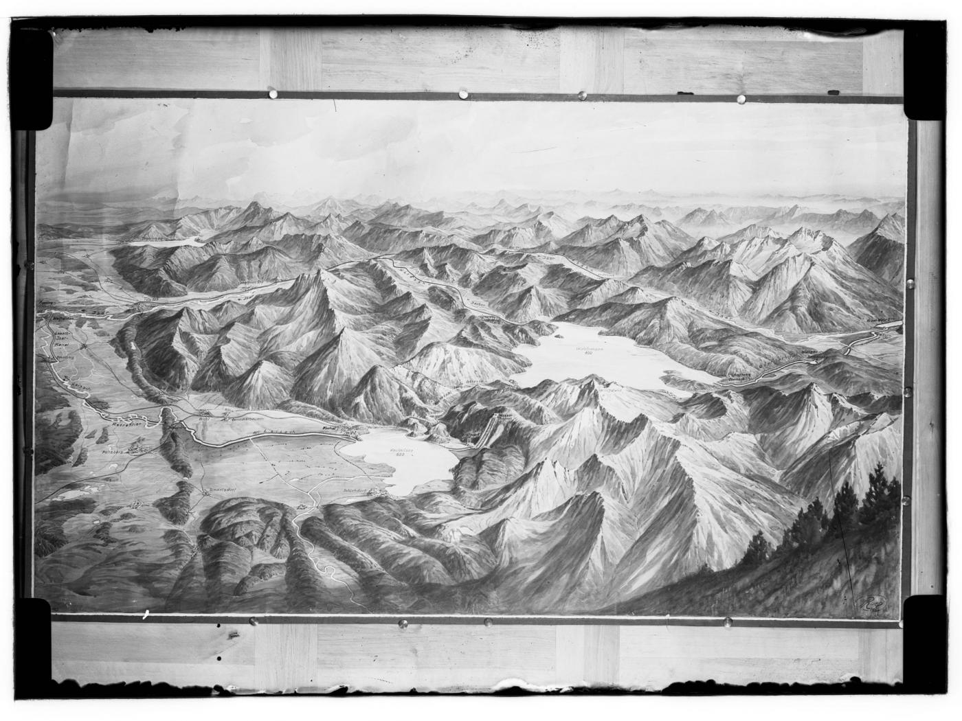 schwarz/weiße Zeichnung mit Landschaft