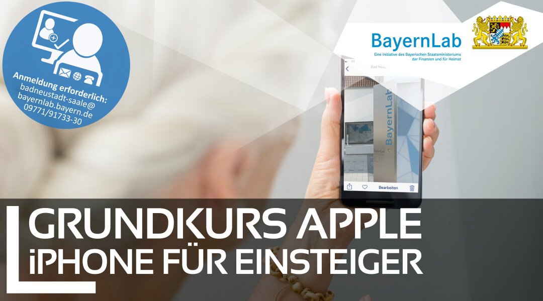 BayernLab NES, Veranstaltungsgrafik Grundkurs Apple iPhone für Einsteiger – VHS Veranstaltungsgraphik zum Workshop